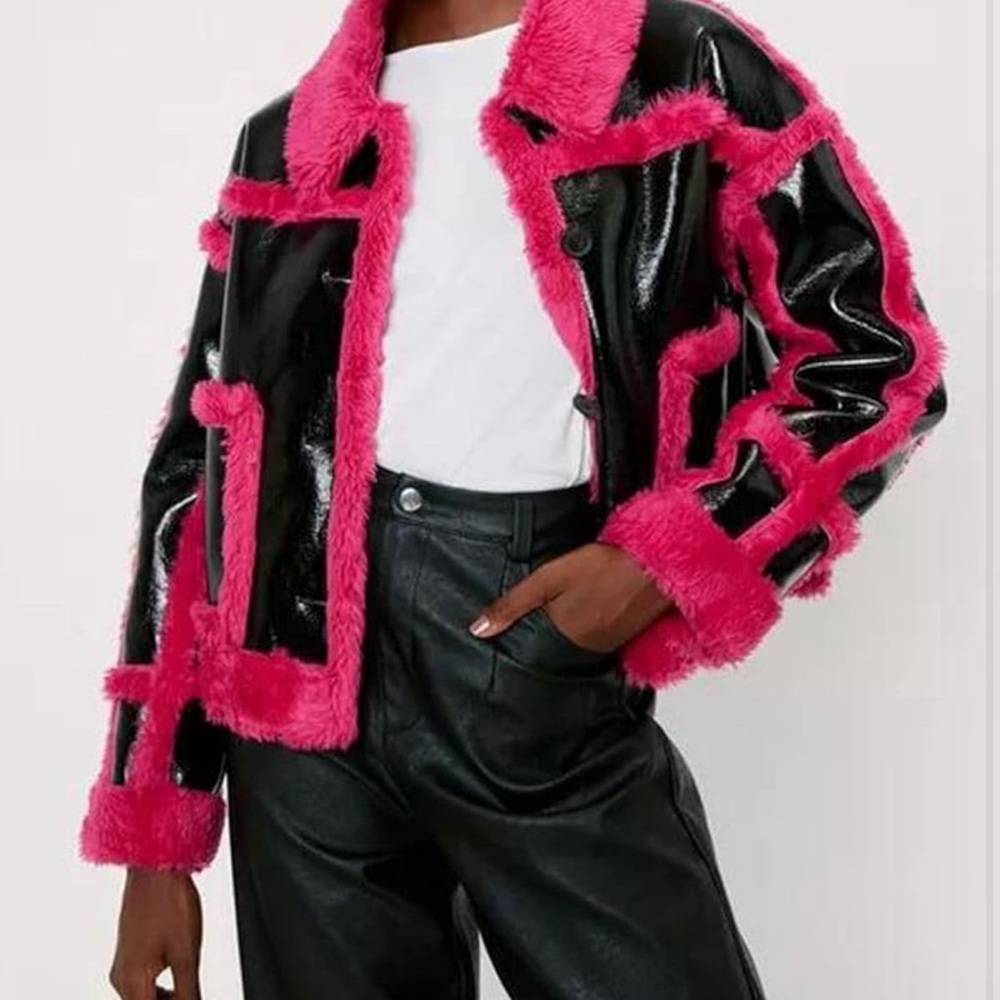Black Faux Leather Jacket with Hot Pink Faux Fur Trim